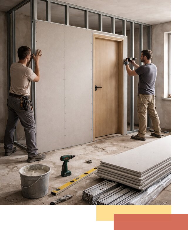 Перегородка из гипсокартона с дверью под ключ в Пугачеве