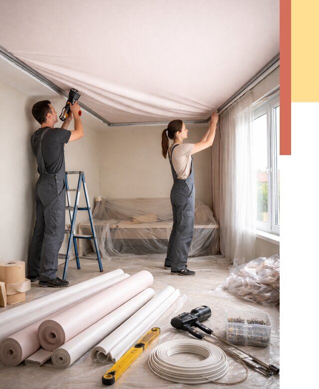 Монтаж цветного натяжного потолка в Пугачеве от 4267 руб/м² — быстро и недорого | ОТДЕЛОЧНИК-Пгч