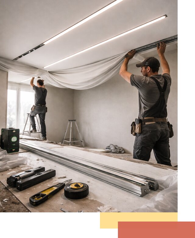 Монтаж натяжных потолков со световыми линиями в Пугачеве