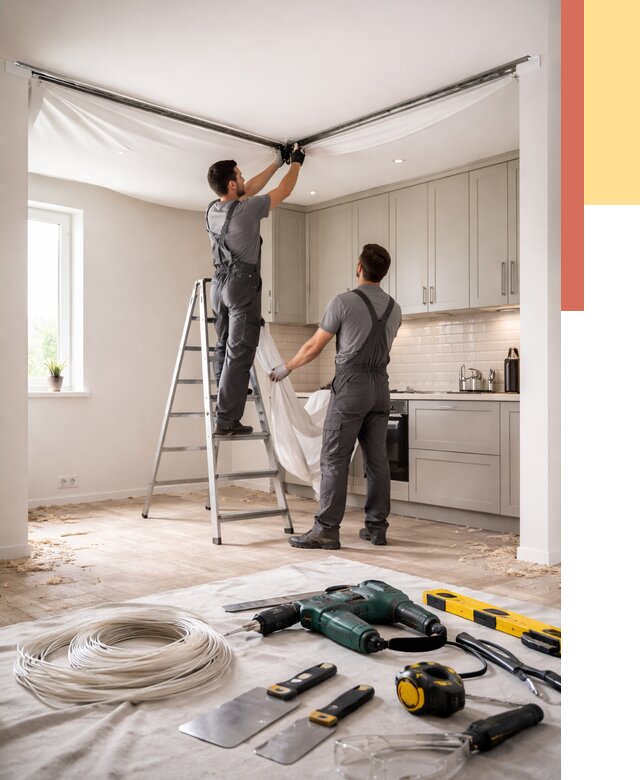 Установка натяжного потолка на кухне в Пугачеве от 2438 руб. | ОТДЕЛОЧНИК-Пгч