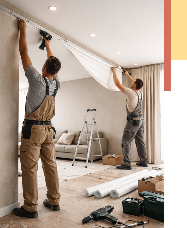 Монтаж натяжного потолка в гостиной в Пугачеве от 559 руб. | ОТДЕЛОЧНИК-Пгч