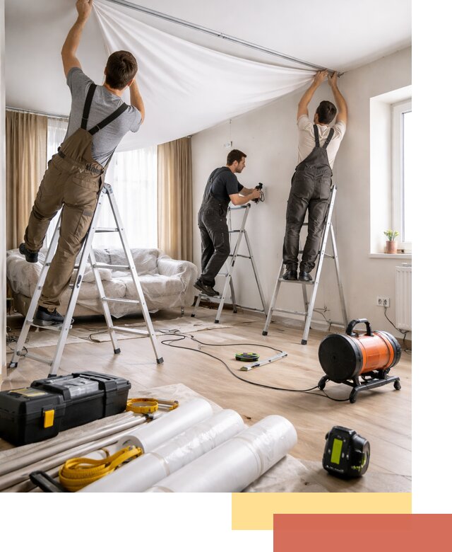 Монтаж натяжного потолка в гостиной в Пугачеве