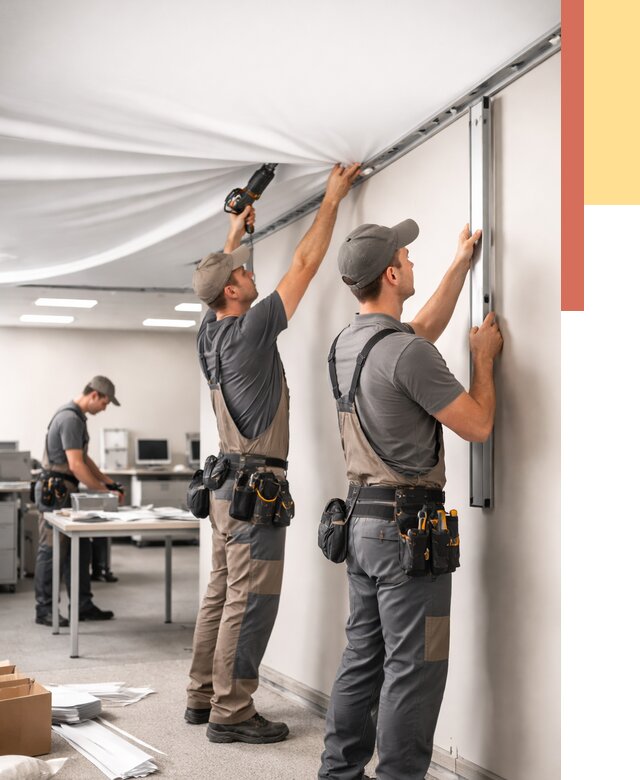 Монтаж натяжного потолка в офисе в Пугачеве от 457 руб/м² — быстро и недорого | ОТДЕЛОЧНИК-Пгч