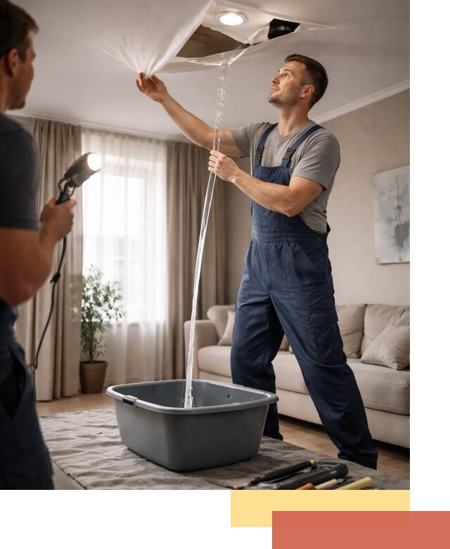 Слив воды с натяжного потолка в Пугачеве быстро и аккуратно